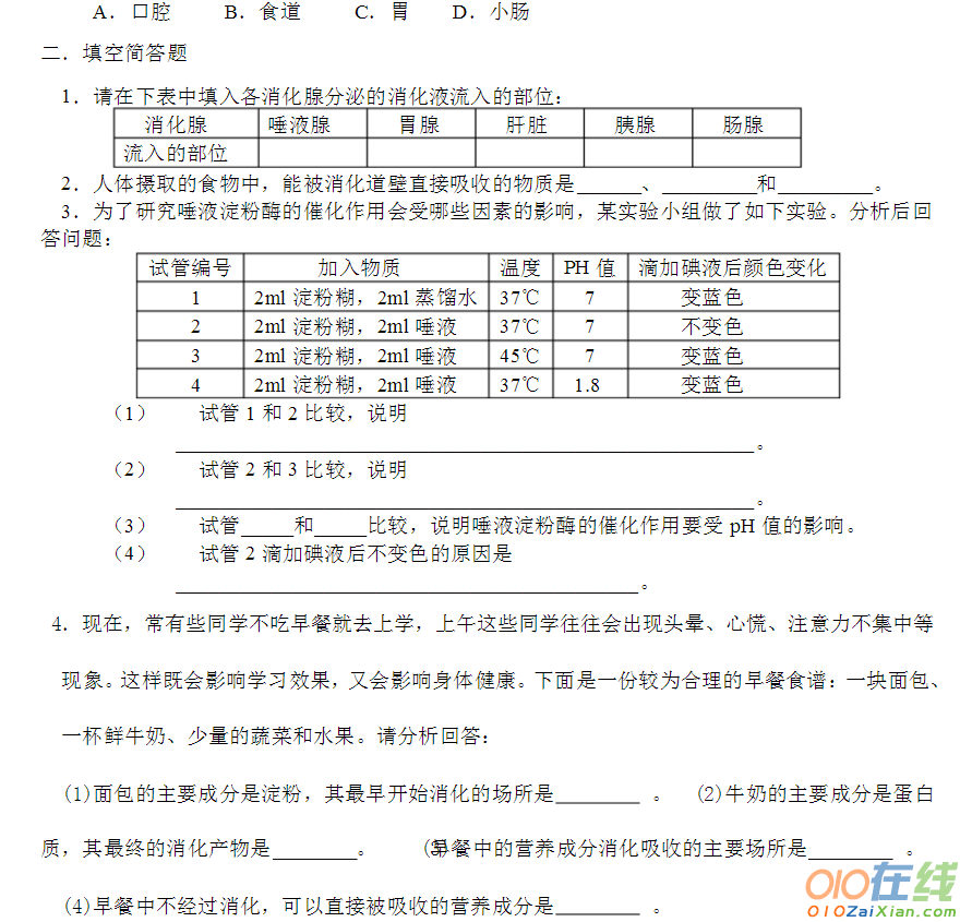 七年级消化与吸收试题